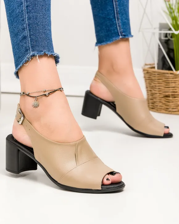 Sandale dama piele naturala bej cu toc gros PV958