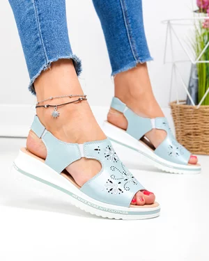 Sandale Albastre Piele Naturala Cu Broderie Florala JY3010