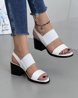 Sandale Albe Cu Toc Si Bareta Elastica Piele Naturala AK0165