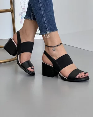 Sandale Cu Toc Si Bareta Elastica Piele Naturala Negre AK0165