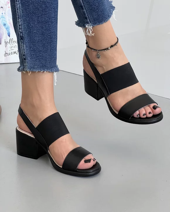 Sandale Cu Toc Si Bareta Elastica Piele Naturala Negre AK0165