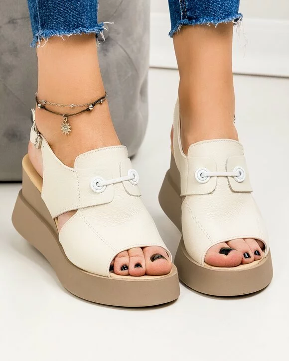 Sandale dama piele naturala alb murdar cu talpa bej PV914