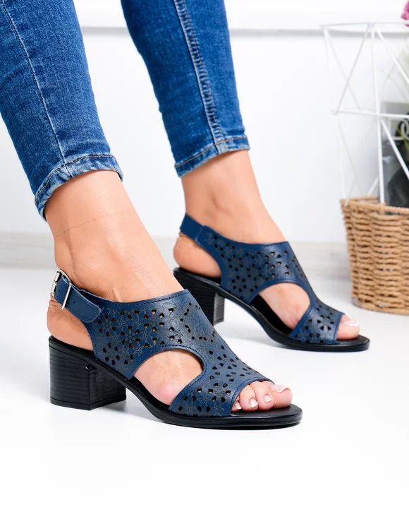 Sandale Dama - Sandale dama piele naturala albastre cu perforatii florale PV962