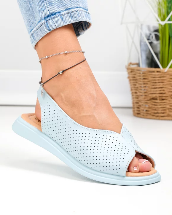 Sandale dama piele naturala albastre cu talpa joasa si perforatii T6028