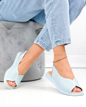 Sandale dama piele naturala albastre cu talpa joasa si perforatii T6028