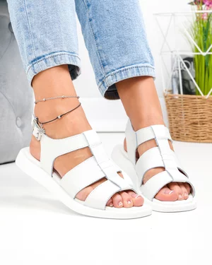 Sandale dama piele naturala albe cu barete late si talpa joasa T6030