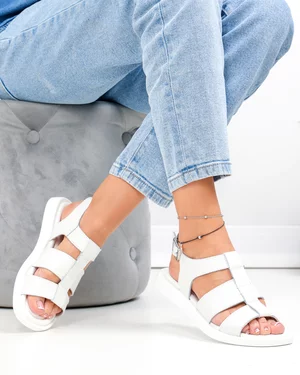 Sandale dama piele naturala albe cu barete late si talpa joasa T6030