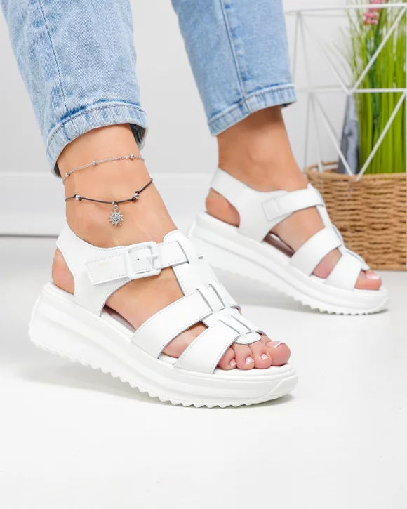 Sandale dama piele naturala albe cu catarama decorativa si inchidere scai F001-805