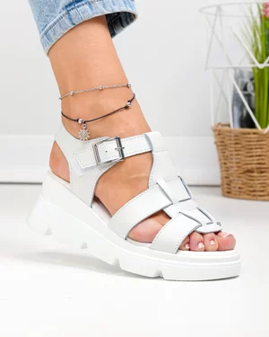 Sandale dama piele naturala albe cu catarama decorativa si inchidere scai T6007