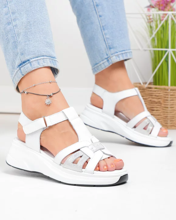 Sandale Dama - Sandale dama piele naturala albe cu inchidere scai si insertie argintie JY57811