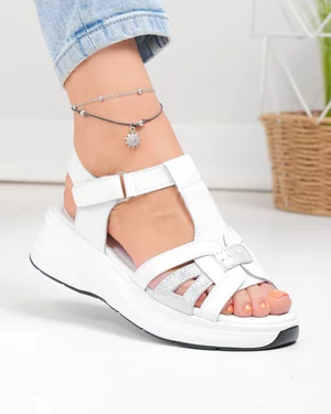 Sandale dama piele naturala albe cu inchidere scai si insertie argintie JY57811