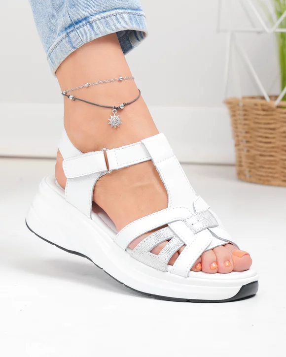 Sandale dama piele naturala albe cu inchidere scai si insertie argintie JY57811