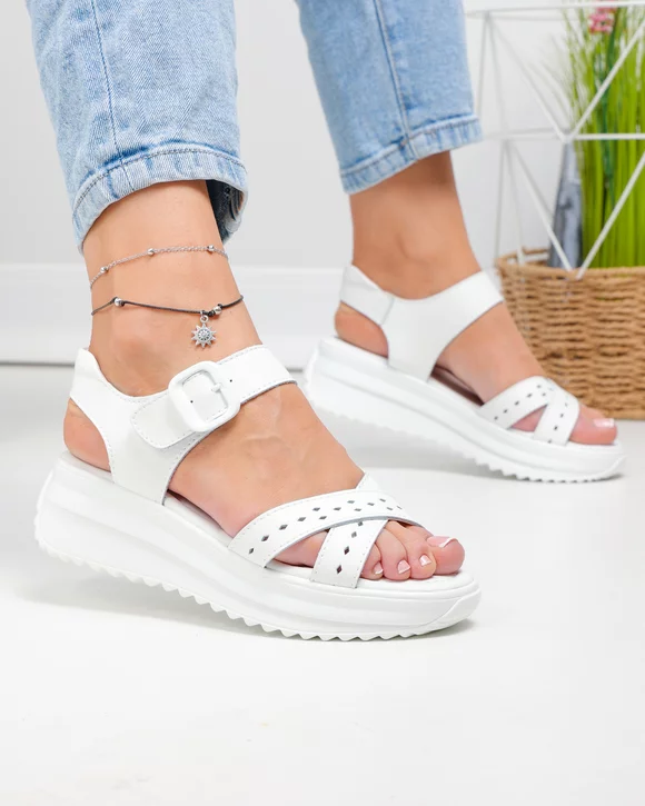 Sandale dama piele naturala albe cu inchidere scai si talpa groasa F001-804