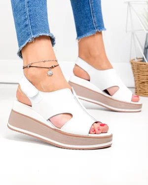Sandale dama piele naturala albe cu inchidere scai si talpa tip platforma JY5225
