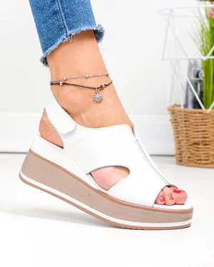 Sandale dama piele naturala albe cu inchidere scai si talpa tip platforma JY5225