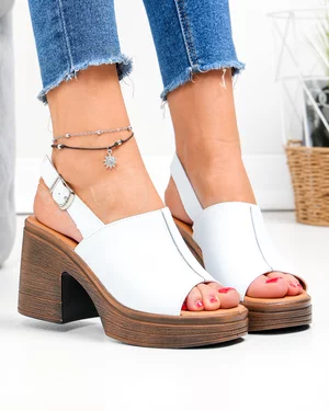 Sandale dama piele naturala albe cu patforma si toc gros si inchidere catarama JY3690