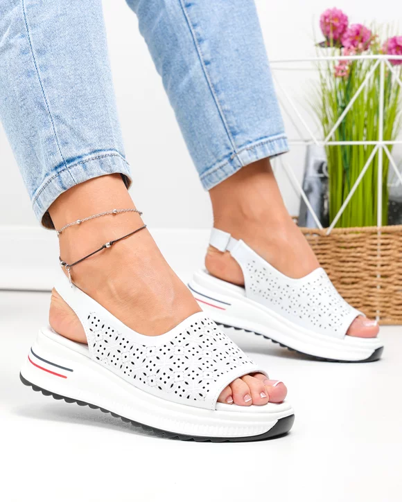 Sandale dama piele naturala albe cu talpa groasa si model perforat T6034