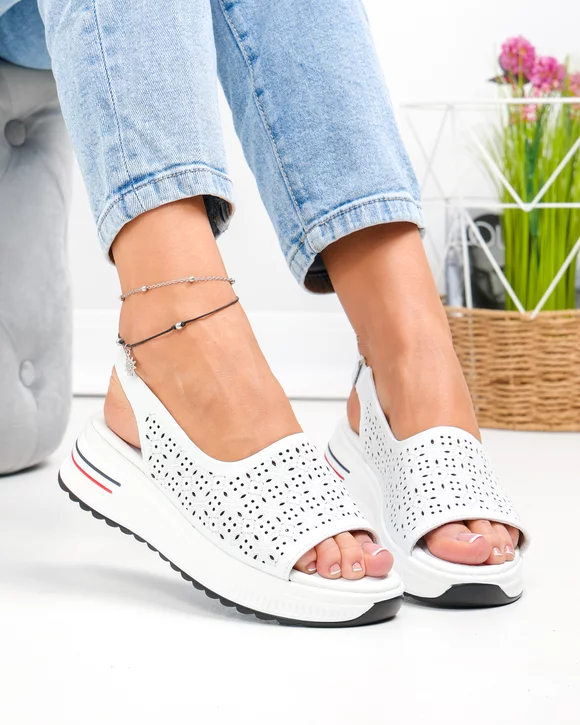 Sandale dama piele naturala albe cu talpa groasa si model perforat T6034
