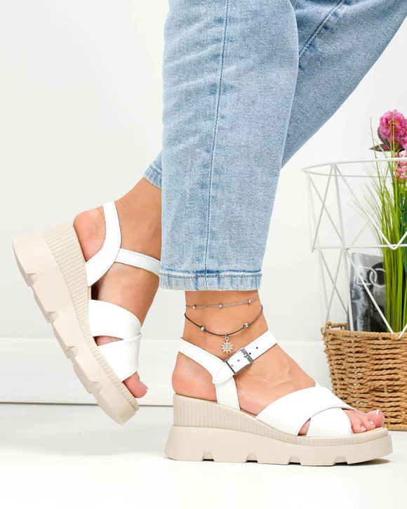Sandale dama piele naturala albe cu talpa tip platforma PV977-1