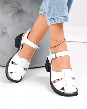 Sandale dama piele naturala albe decupate cu toc gros JY5760