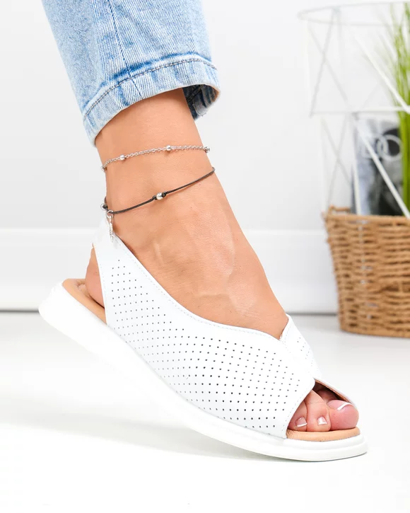 Sandale dama piele naturala albe perforate cu talpa joasa flexibila T6028