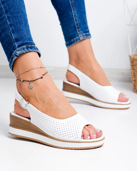 Sandale dama piele naturala albe perforate cu talpa maro GI-001
