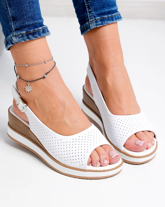 Sandale dama piele naturala albe perforate cu talpa maro GI-001