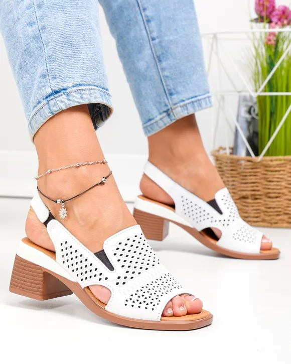 Sandale dama piele naturala albe perforate cu toc gros si insertii elastice JY5831