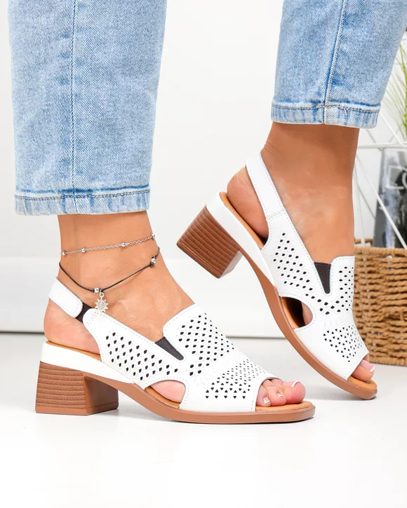 Sandale Dama - Sandale dama piele naturala albe perforate cu toc gros si insertii elastice JY5831