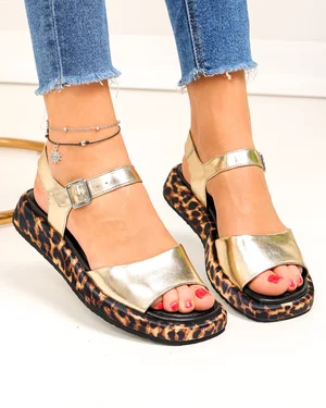 Sandale dama piele naturala aurii cu material textil print leopard TN6505