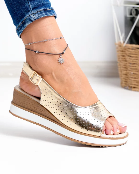 Sandale Dama - Sandale dama piele naturala aurii perforate GI-001
