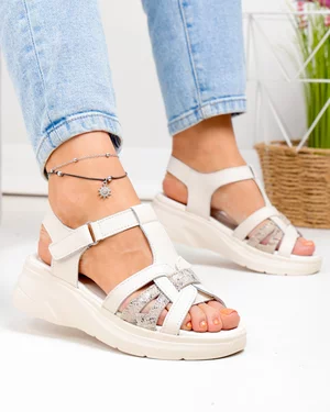 Sandale Dama - Sandale dama piele naturala bej cu barete impletite si inchidere scai JY57811