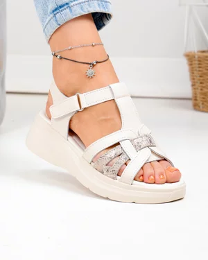 Sandale dama piele naturala bej cu barete impletite si inchidere scai JY57811