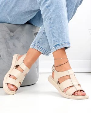 Sandale dama piele naturala bej cu barete late si inchidere catarama T6030