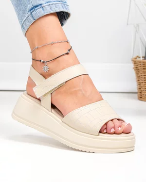 Sandale dama piele naturala bej cu inchidere scai si talpa groasa T6032