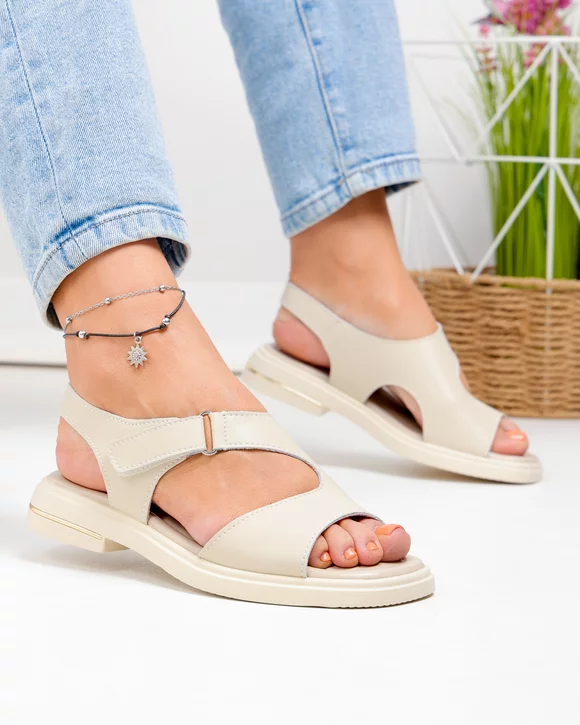 Sandale Dama - Sandale dama piele naturala bej cu inchidere scai T-8023
