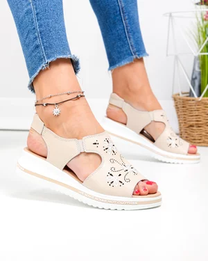 Sandale dama piele naturala bej cu model broderie florala JY3010