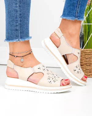 Sandale dama piele naturala bej cu model broderie florala JY3010