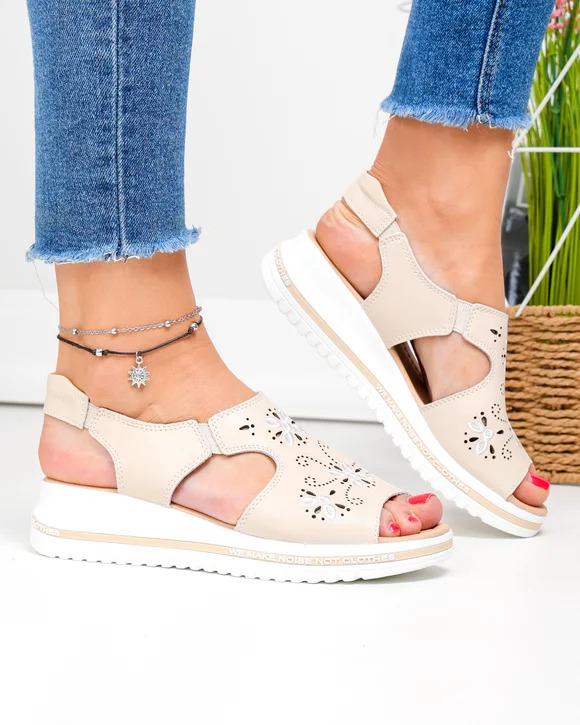 Sandale dama piele naturala bej cu model broderie florala JY3010