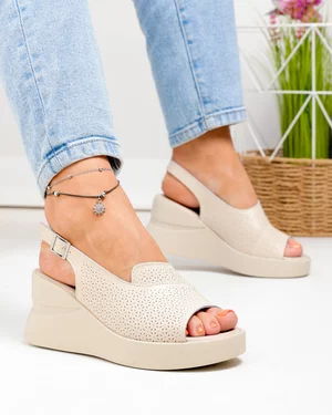 Sandale Dama - Sandale dama piele naturala bej cu model perforat T-8055-2