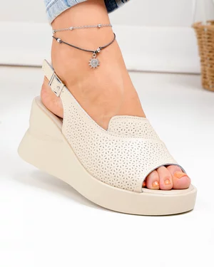Sandale dama piele naturala bej cu model perforat T-8055-2