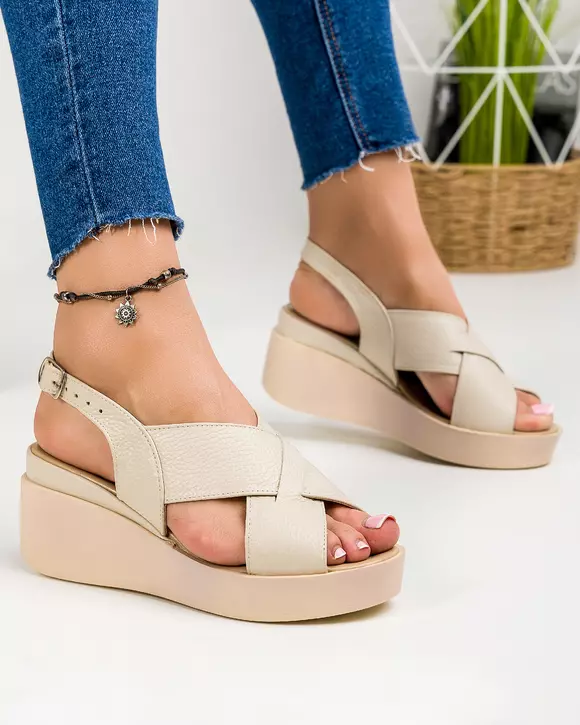 Sandale dama piele naturala bej cu platforma BA005
