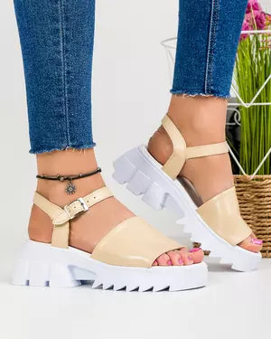 Sandale dama piele naturala bej cu talpa alba PV946TA
