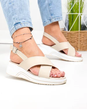 Sandale dama piele naturala bej cu talpa alba si inchidere catarama T6023