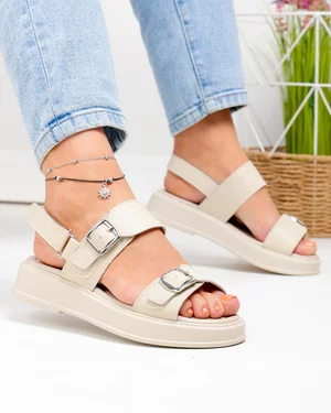 Sandale Dama - Sandale dama piele naturala bej cu talpa groasa si inchidere scai T-8060-2