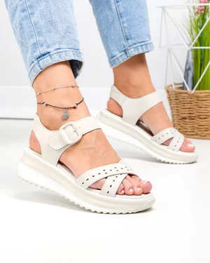 Sandale dama piele naturala bej cu talpa groasa si model perforat F001-804