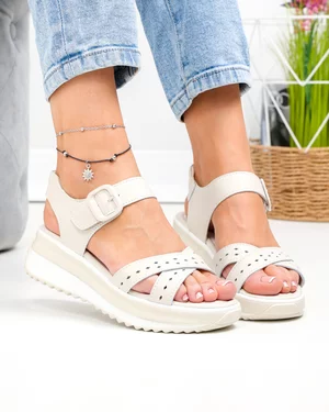 Sandale dama piele naturala bej cu talpa groasa si model perforat F001-804