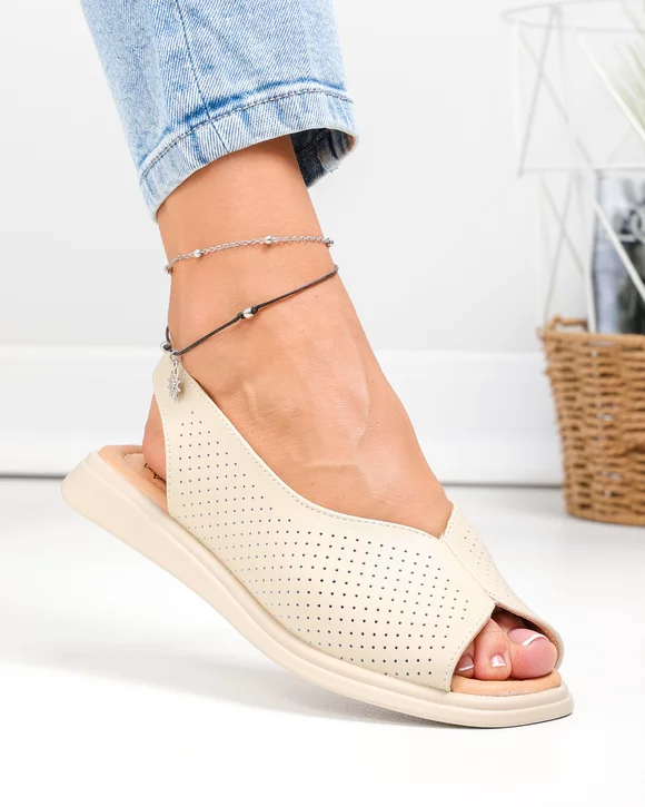 Sandale dama piele naturala bej perforate cu insertie elastica la bareta T6028