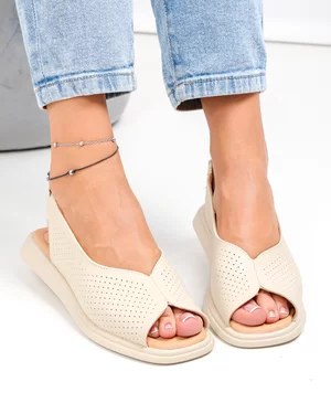 Sandale dama piele naturala bej perforate cu insertie elastica la bareta T6028