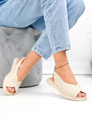 Sandale dama piele naturala bej perforate cu insertie elastica la bareta T6028